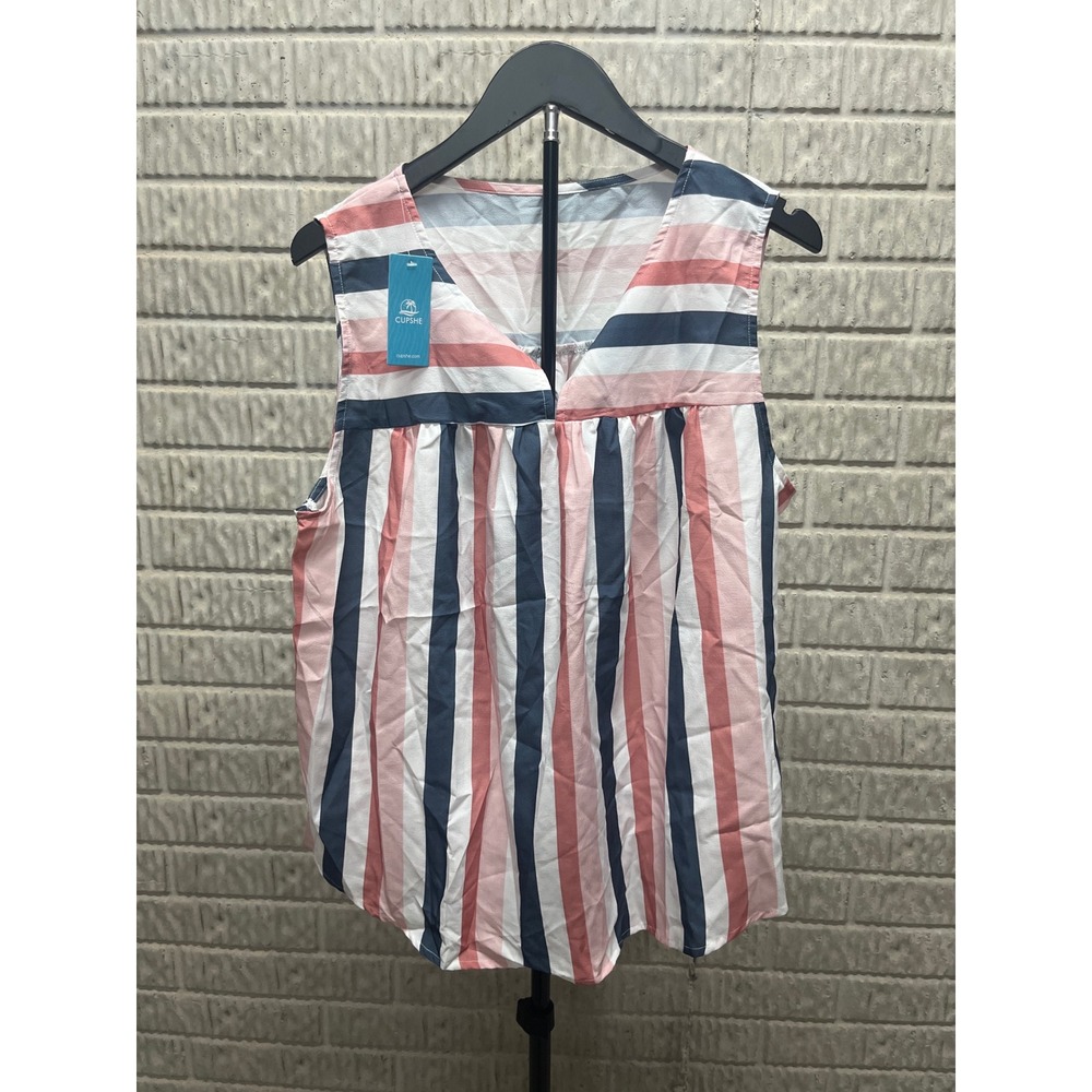 Cupshe Womens XL Striped Sleeveless V-Neck Blouse‎ Navy Pink White CAA04B4F011DU